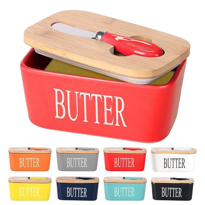 Ceramic Butter Dish with Wooden Lid, Large Butters Container Keeper